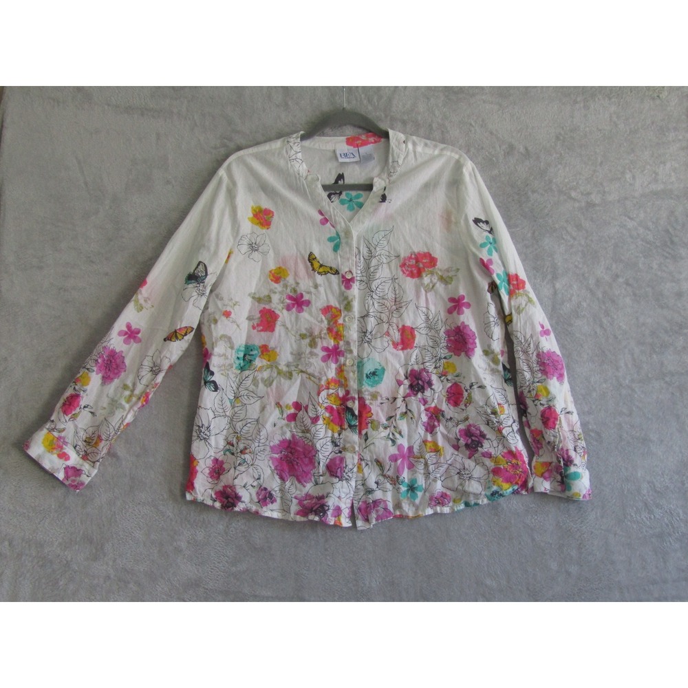 BFA Classics White‎ Floral Butterfly Print Long Sleeve Button Down Shirt Top L